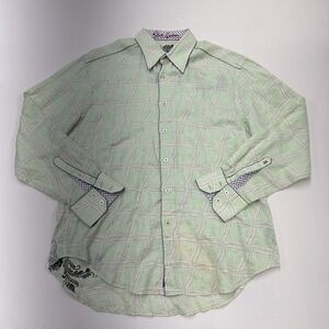 Robert Graham Linen Button Up Shirt Green Embroidered Flip cuff Men's XL